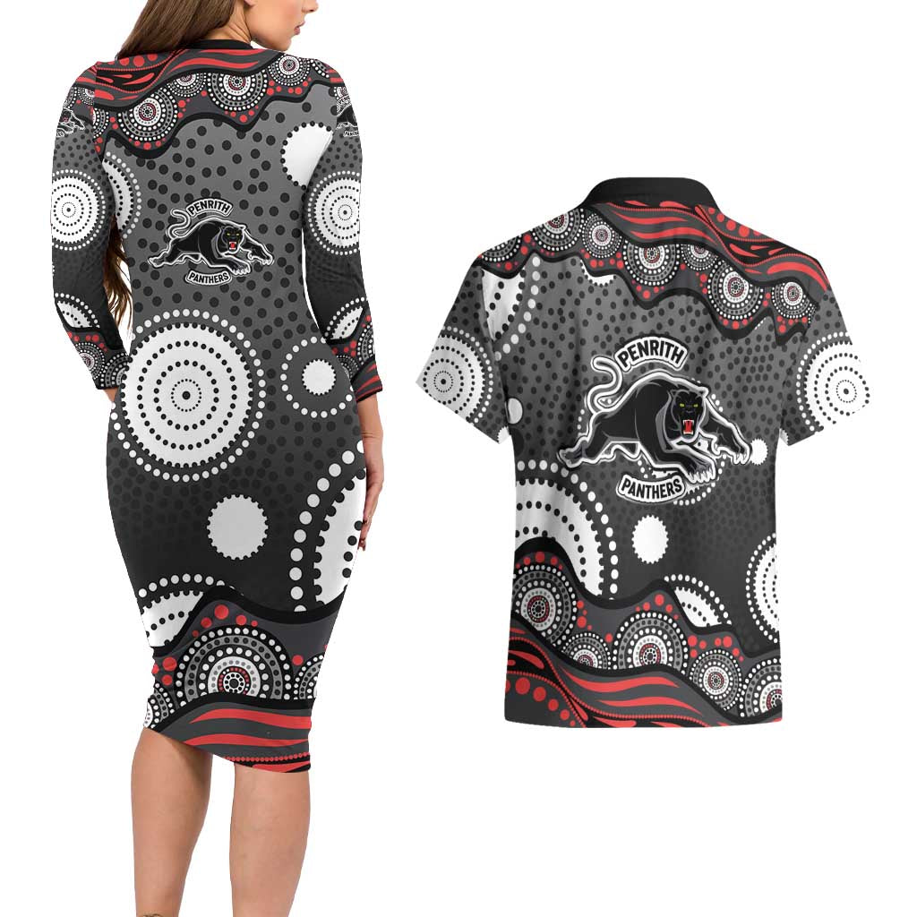Penrith Panthers Couples Matching Long Sleeve Bodycon Dress and Hawaiian Shirt Aboriginal Dot Pattern - Rugby Mascot Heritage Pride
