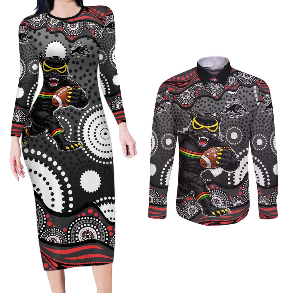 Penrith Panthers Couples Matching Long Sleeve Bodycon Dress and Long Sleeve Button Shirt Aboriginal Dot Pattern - Rugby Mascot Heritage Pride