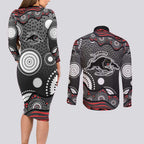 Penrith Panthers Couples Matching Long Sleeve Bodycon Dress and Long Sleeve Button Shirt Aboriginal Dot Pattern - Rugby Mascot Heritage Pride