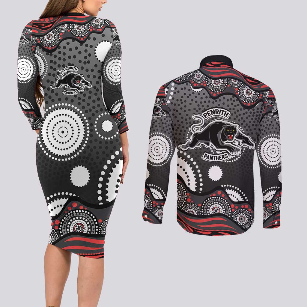 Penrith Panthers Couples Matching Long Sleeve Bodycon Dress and Long Sleeve Button Shirt Aboriginal Dot Pattern - Rugby Mascot Heritage Pride