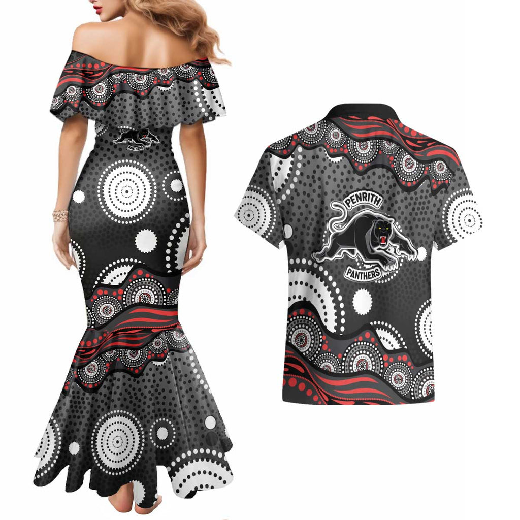 Penrith Panthers Couples Matching Mermaid Dress and Hawaiian Shirt Aboriginal Dot Pattern - Rugby Mascot Heritage Pride