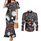 Penrith Panthers Couples Matching Mermaid Dress and Long Sleeve Button Shirt Aboriginal Dot Pattern - Rugby Mascot Heritage Pride