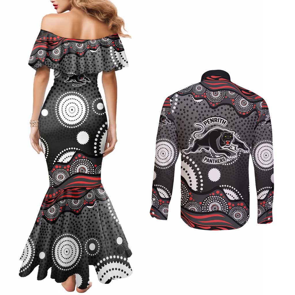 Penrith Panthers Couples Matching Mermaid Dress and Long Sleeve Button Shirt Aboriginal Dot Pattern - Rugby Mascot Heritage Pride