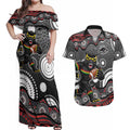 Penrith Panthers Couples Matching Off Shoulder Maxi Dress and Hawaiian Shirt Aboriginal Dot Pattern - Rugby Mascot Heritage Pride