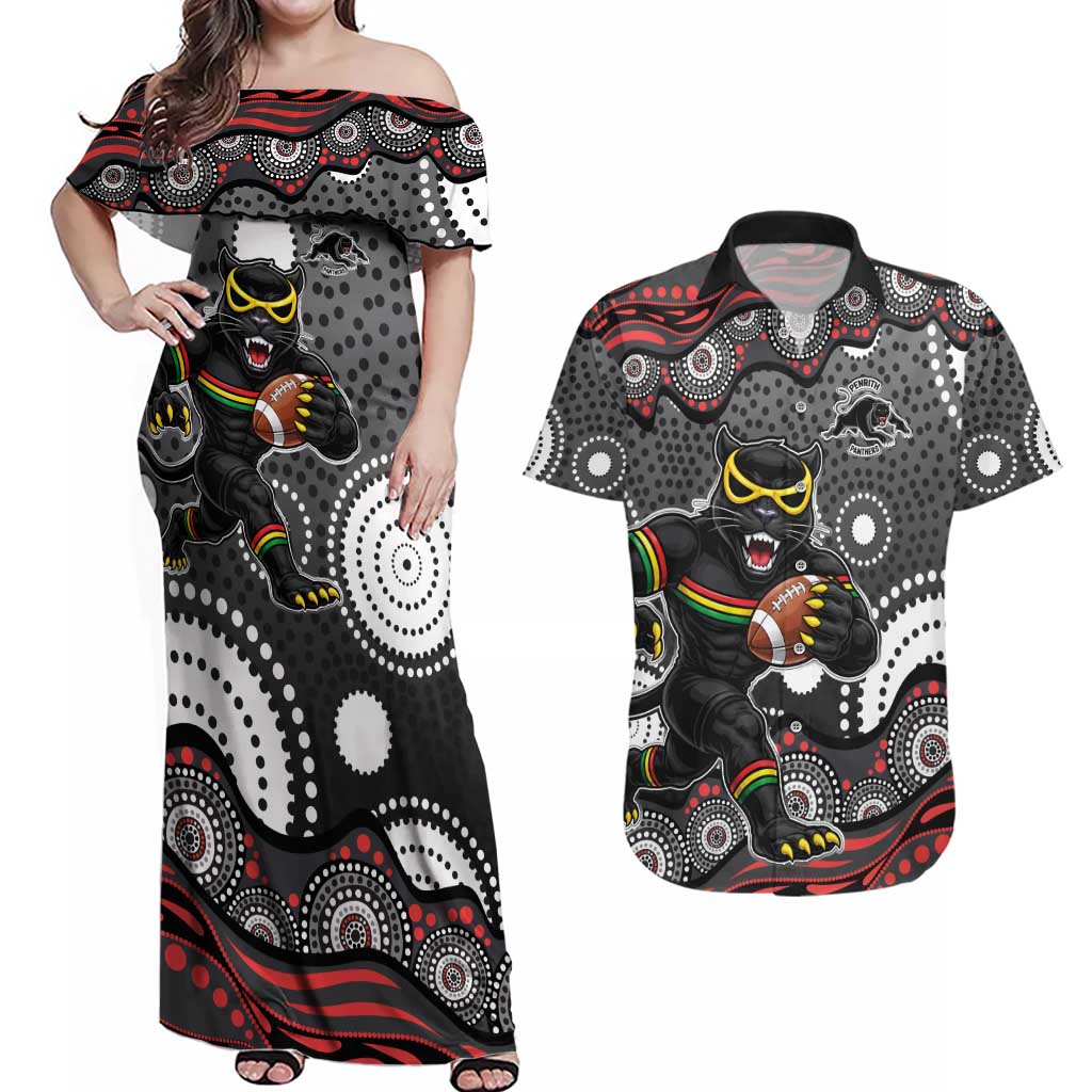 Penrith Panthers Couples Matching Off Shoulder Maxi Dress and Hawaiian Shirt Aboriginal Dot Pattern - Rugby Mascot Heritage Pride