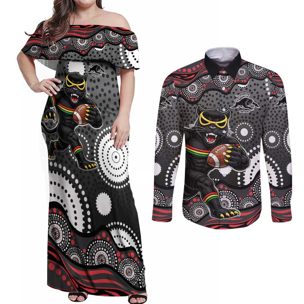 Penrith Panthers Couples Matching Off Shoulder Maxi Dress and Long Sleeve Button Shirt Aboriginal Dot Pattern - Rugby Mascot Heritage Pride