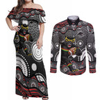 Penrith Panthers Couples Matching Off Shoulder Maxi Dress and Long Sleeve Button Shirt Aboriginal Dot Pattern - Rugby Mascot Heritage Pride