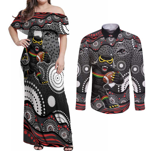 Penrith Panthers Couples Matching Off Shoulder Maxi Dress and Long Sleeve Button Shirt Aboriginal Dot Pattern - Rugby Mascot Heritage Pride