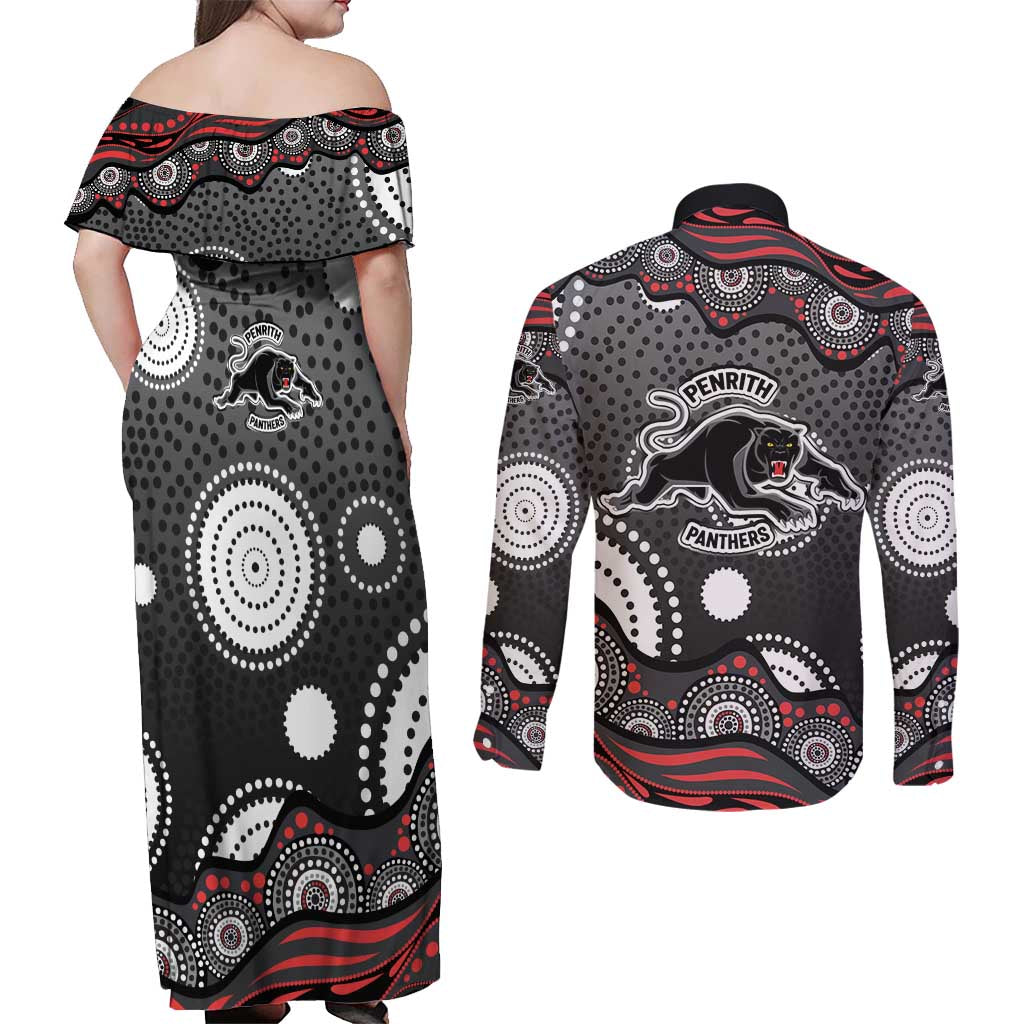Penrith Panthers Couples Matching Off Shoulder Maxi Dress and Long Sleeve Button Shirt Aboriginal Dot Pattern - Rugby Mascot Heritage Pride