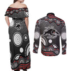 Penrith Panthers Couples Matching Off Shoulder Maxi Dress and Long Sleeve Button Shirt Aboriginal Dot Pattern - Rugby Mascot Heritage Pride