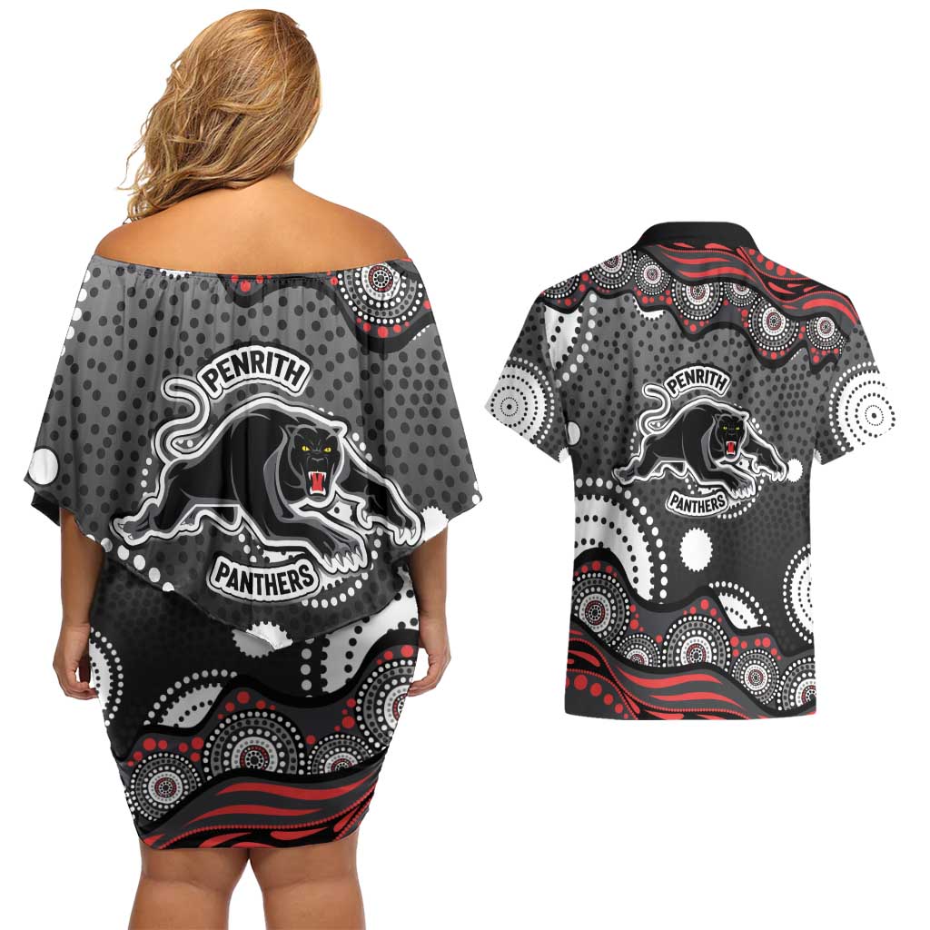 Penrith Panthers Couples Matching Off Shoulder Short Dress and Hawaiian Shirt Aboriginal Dot Pattern - Rugby Mascot Heritage Pride
