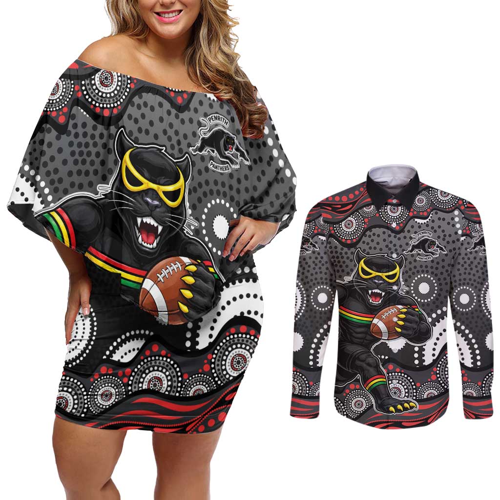 Penrith Panthers Couples Matching Off Shoulder Short Dress and Long Sleeve Button Shirt Aboriginal Dot Pattern - Rugby Mascot Heritage Pride