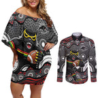 Penrith Panthers Couples Matching Off Shoulder Short Dress and Long Sleeve Button Shirt Aboriginal Dot Pattern - Rugby Mascot Heritage Pride