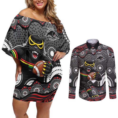 Penrith Panthers Couples Matching Off Shoulder Short Dress and Long Sleeve Button Shirt Aboriginal Dot Pattern - Rugby Mascot Heritage Pride