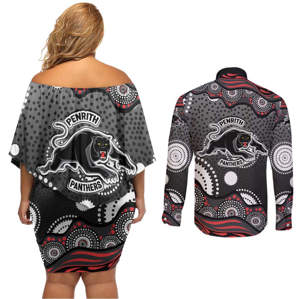 Penrith Panthers Couples Matching Off Shoulder Short Dress and Long Sleeve Button Shirt Aboriginal Dot Pattern - Rugby Mascot Heritage Pride