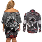 Penrith Panthers Couples Matching Off Shoulder Short Dress and Long Sleeve Button Shirt Aboriginal Dot Pattern - Rugby Mascot Heritage Pride