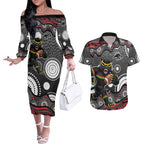 Penrith Panthers Couples Matching Off The Shoulder Long Sleeve Dress and Hawaiian Shirt Aboriginal Dot Pattern - Rugby Mascot Heritage Pride