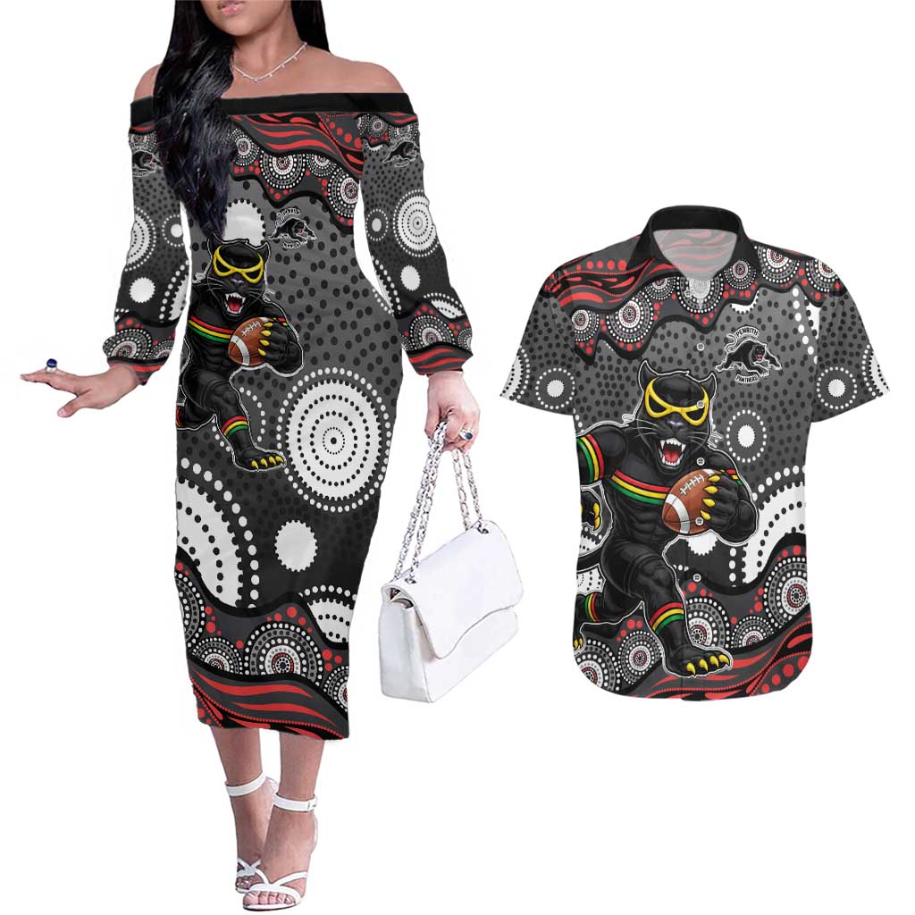 Penrith Panthers Couples Matching Off The Shoulder Long Sleeve Dress and Hawaiian Shirt Aboriginal Dot Pattern - Rugby Mascot Heritage Pride