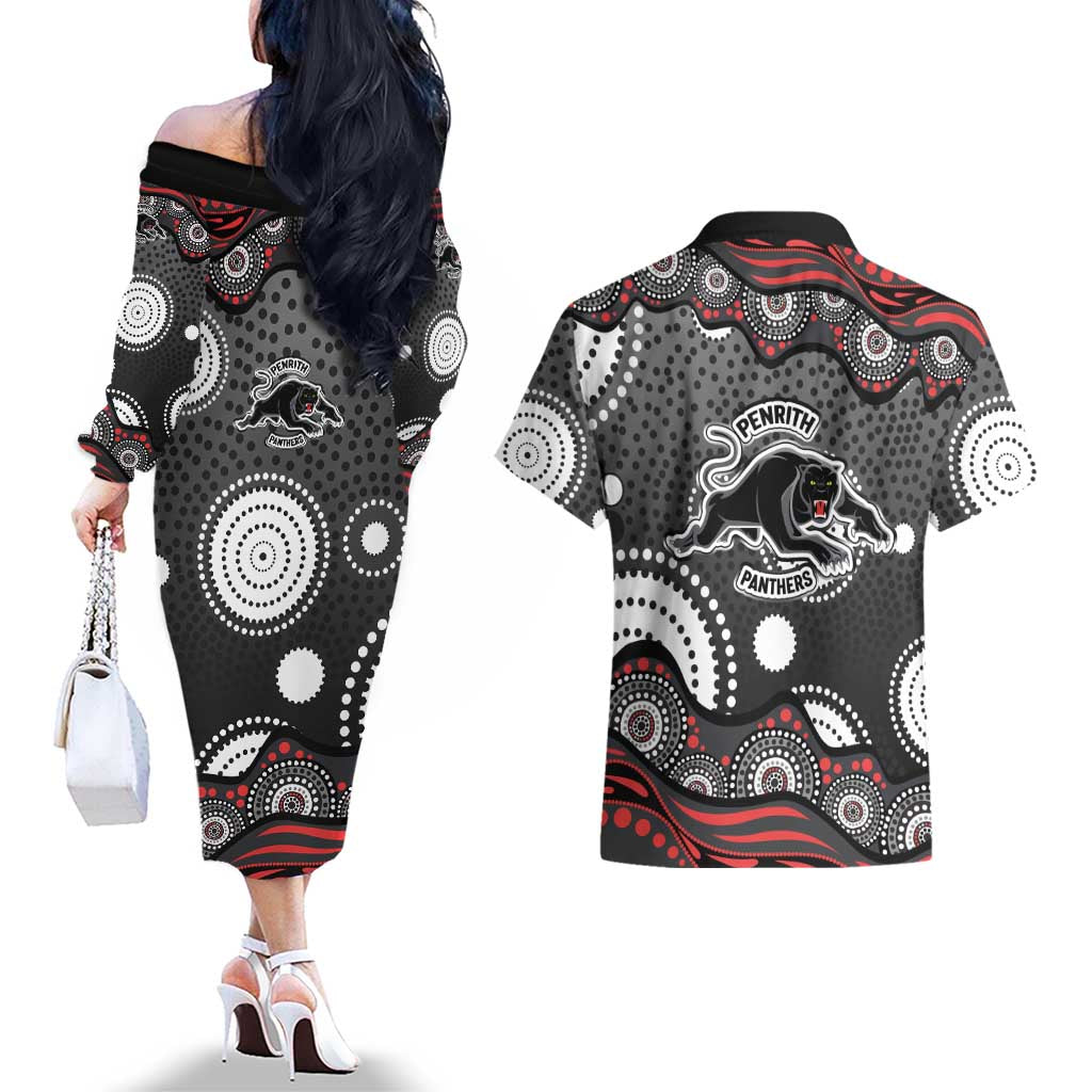 Penrith Panthers Couples Matching Off The Shoulder Long Sleeve Dress and Hawaiian Shirt Aboriginal Dot Pattern - Rugby Mascot Heritage Pride