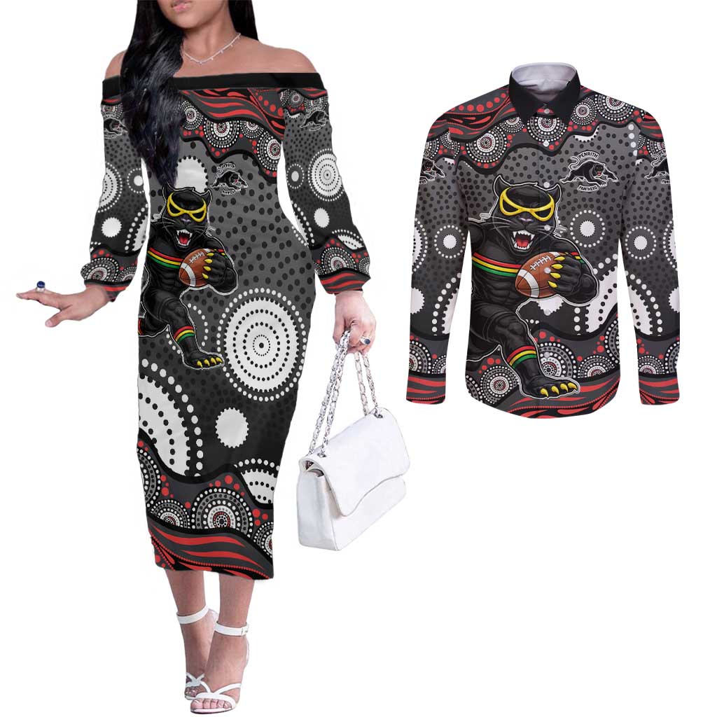 Penrith Panthers Couples Matching Off The Shoulder Long Sleeve Dress and Long Sleeve Button Shirt Aboriginal Dot Pattern - Rugby Mascot Heritage Pride