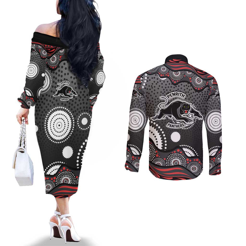 Penrith Panthers Couples Matching Off The Shoulder Long Sleeve Dress and Long Sleeve Button Shirt Aboriginal Dot Pattern - Rugby Mascot Heritage Pride
