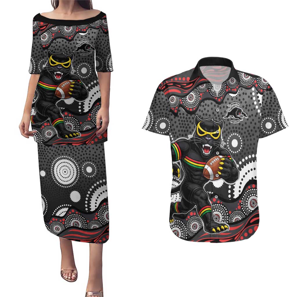 Penrith Panthers Couples Matching Puletasi and Hawaiian Shirt Aboriginal Dot Pattern - Rugby Mascot Heritage Pride