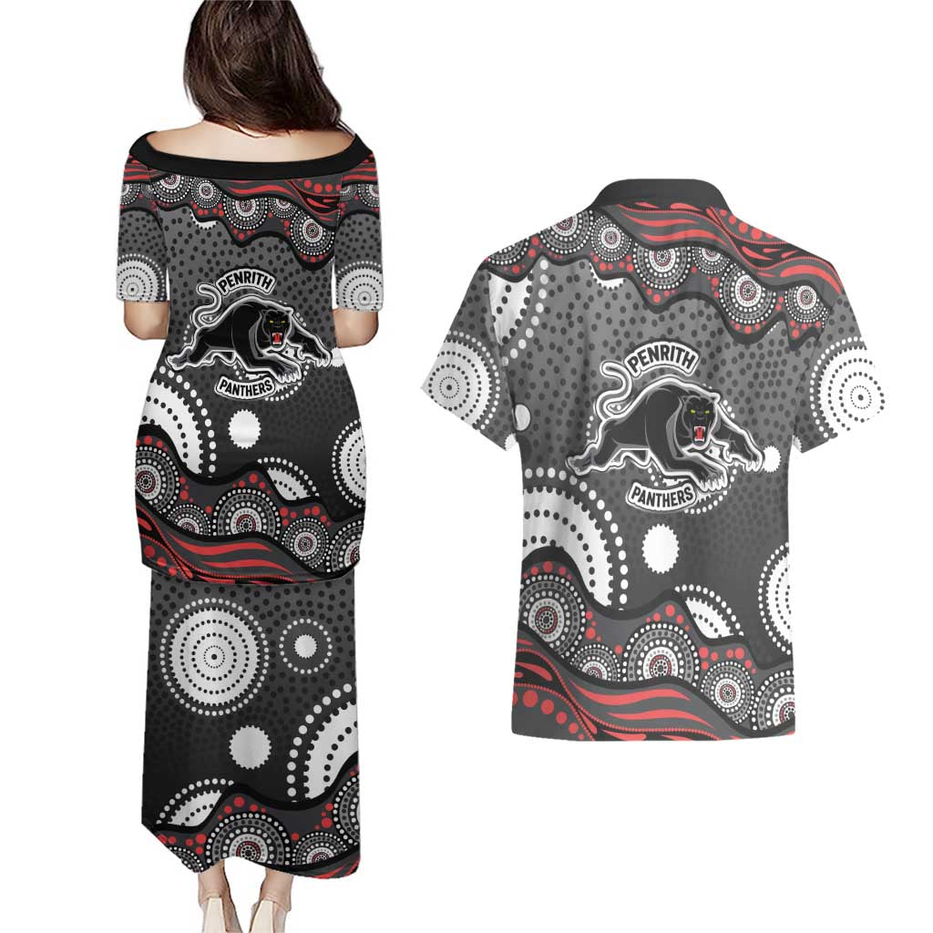Penrith Panthers Couples Matching Puletasi and Hawaiian Shirt Aboriginal Dot Pattern - Rugby Mascot Heritage Pride