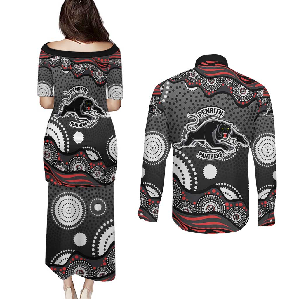 Penrith Panthers Couples Matching Puletasi and Long Sleeve Button Shirt Aboriginal Dot Pattern - Rugby Mascot Heritage Pride