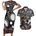 Penrith Panthers Couples Matching Short Sleeve Bodycon Dress and Hawaiian Shirt Aboriginal Dot Pattern - Rugby Mascot Heritage Pride
