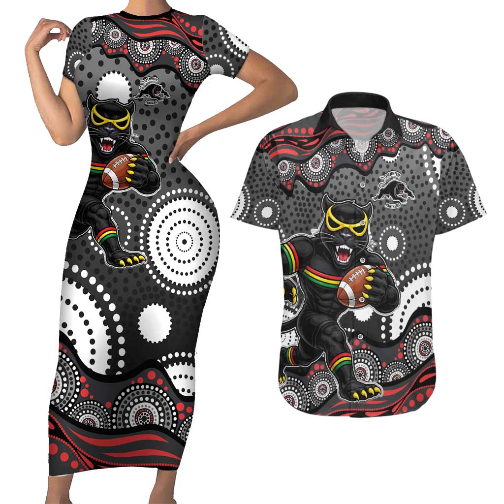 Penrith Panthers Couples Matching Short Sleeve Bodycon Dress and Hawaiian Shirt Aboriginal Dot Pattern - Rugby Mascot Heritage Pride