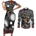 Penrith Panthers Couples Matching Short Sleeve Bodycon Dress and Long Sleeve Button Shirt Aboriginal Dot Pattern - Rugby Mascot Heritage Pride