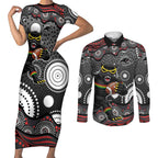 Penrith Panthers Couples Matching Short Sleeve Bodycon Dress and Long Sleeve Button Shirt Aboriginal Dot Pattern - Rugby Mascot Heritage Pride