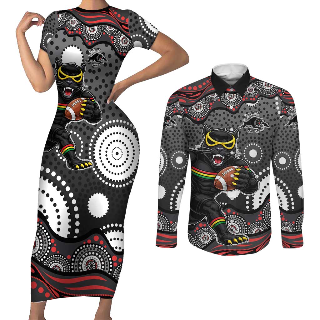 Penrith Panthers Couples Matching Short Sleeve Bodycon Dress and Long Sleeve Button Shirt Aboriginal Dot Pattern - Rugby Mascot Heritage Pride