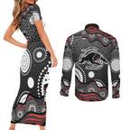 Penrith Panthers Couples Matching Short Sleeve Bodycon Dress and Long Sleeve Button Shirt Aboriginal Dot Pattern - Rugby Mascot Heritage Pride