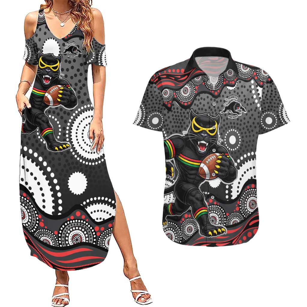 Penrith Panthers Couples Matching Summer Maxi Dress and Hawaiian Shirt Aboriginal Dot Pattern - Rugby Mascot Heritage Pride