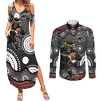 Penrith Panthers Couples Matching Summer Maxi Dress and Long Sleeve Button Shirt Aboriginal Dot Pattern - Rugby Mascot Heritage Pride