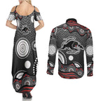 Penrith Panthers Couples Matching Summer Maxi Dress and Long Sleeve Button Shirt Aboriginal Dot Pattern - Rugby Mascot Heritage Pride