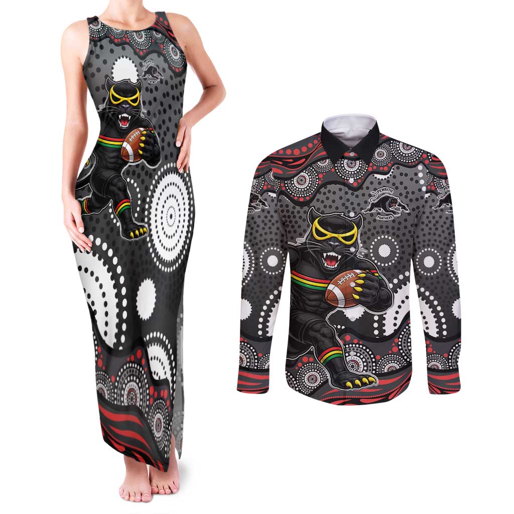 Penrith Panthers Couples Matching Tank Maxi Dress and Long Sleeve Button Shirt Aboriginal Dot Pattern - Rugby Mascot Heritage Pride