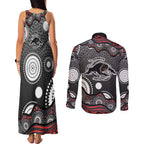 Penrith Panthers Couples Matching Tank Maxi Dress and Long Sleeve Button Shirt Aboriginal Dot Pattern - Rugby Mascot Heritage Pride