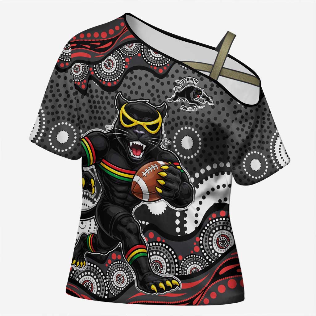 Penrith Panthers Cross Shoulder Shirt Aboriginal Dot Pattern - Rugby Mascot Heritage Pride