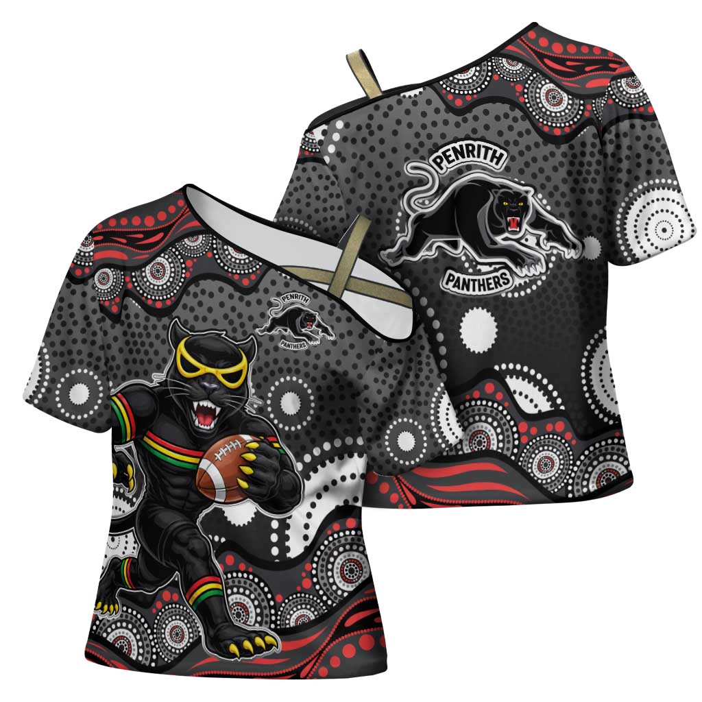 Penrith Panthers Cross Shoulder Shirt Aboriginal Dot Pattern - Rugby Mascot Heritage Pride