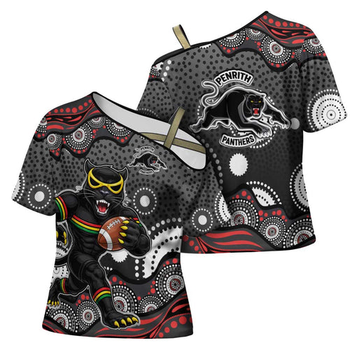 Penrith Panthers Cross Shoulder Shirt Aboriginal Dot Pattern - Rugby Mascot Heritage Pride
