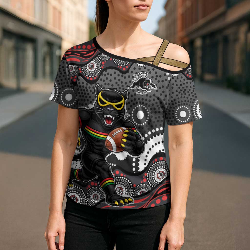 Penrith Panthers Cross Shoulder Shirt Aboriginal Dot Pattern - Rugby Mascot Heritage Pride