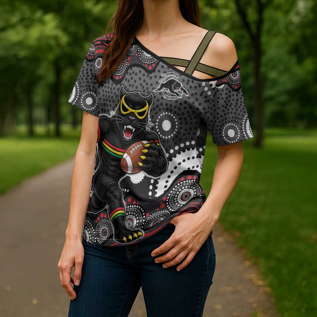 Penrith Panthers Cross Shoulder Shirt Aboriginal Dot Pattern - Rugby Mascot Heritage Pride