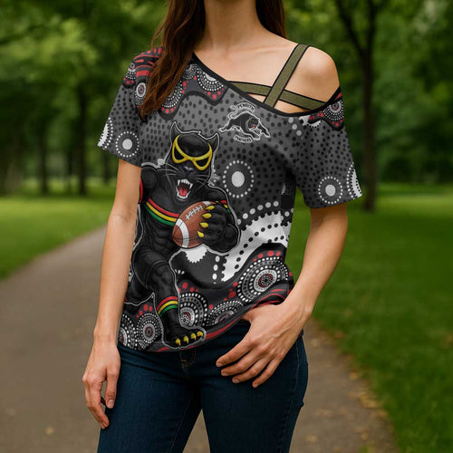 Penrith Panthers Cross Shoulder Shirt Aboriginal Dot Pattern - Rugby Mascot Heritage Pride
