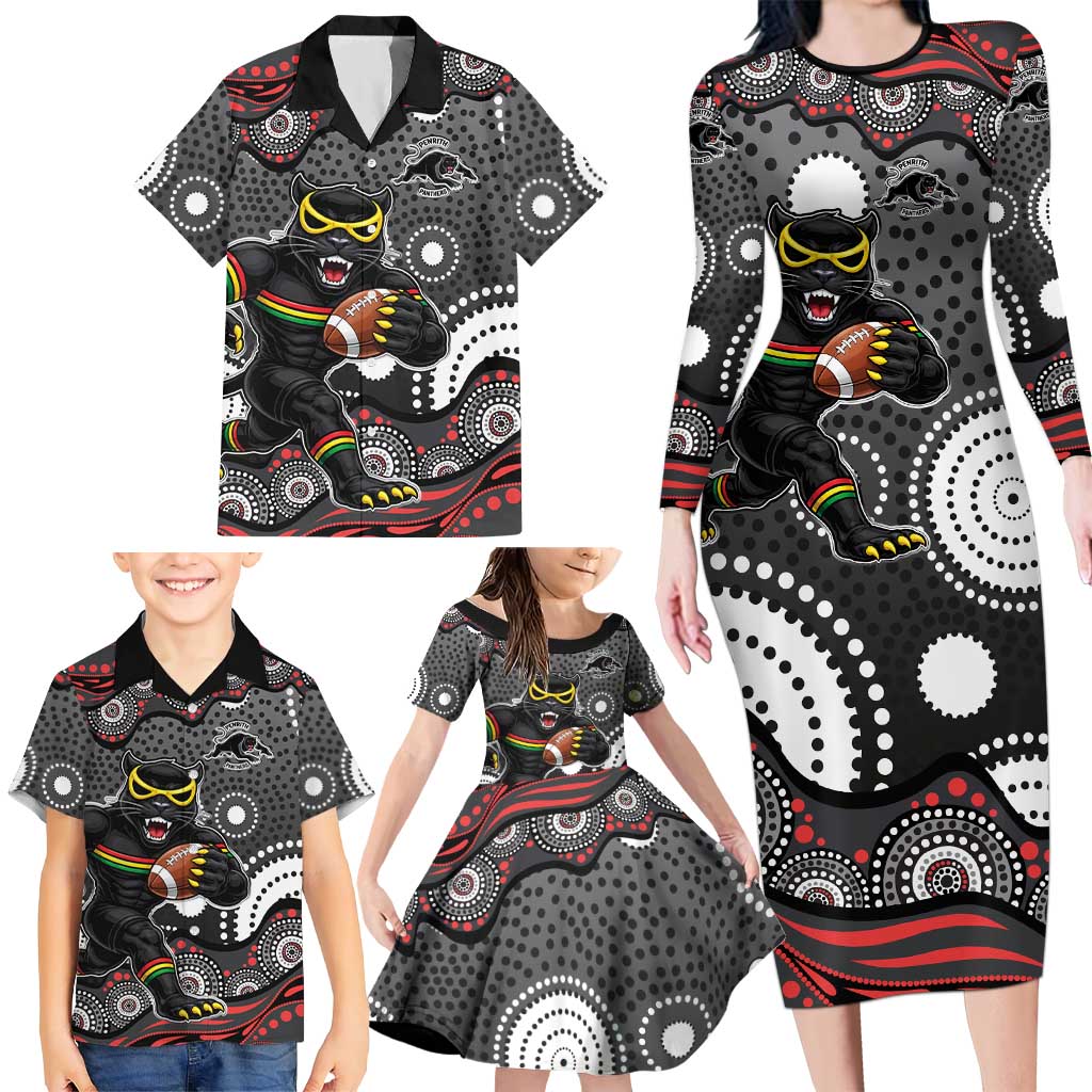 Penrith Panthers Family Matching Long Sleeve Bodycon Dress and Hawaiian Shirt Aboriginal Dot Pattern - Rugby Mascot Heritage Pride
