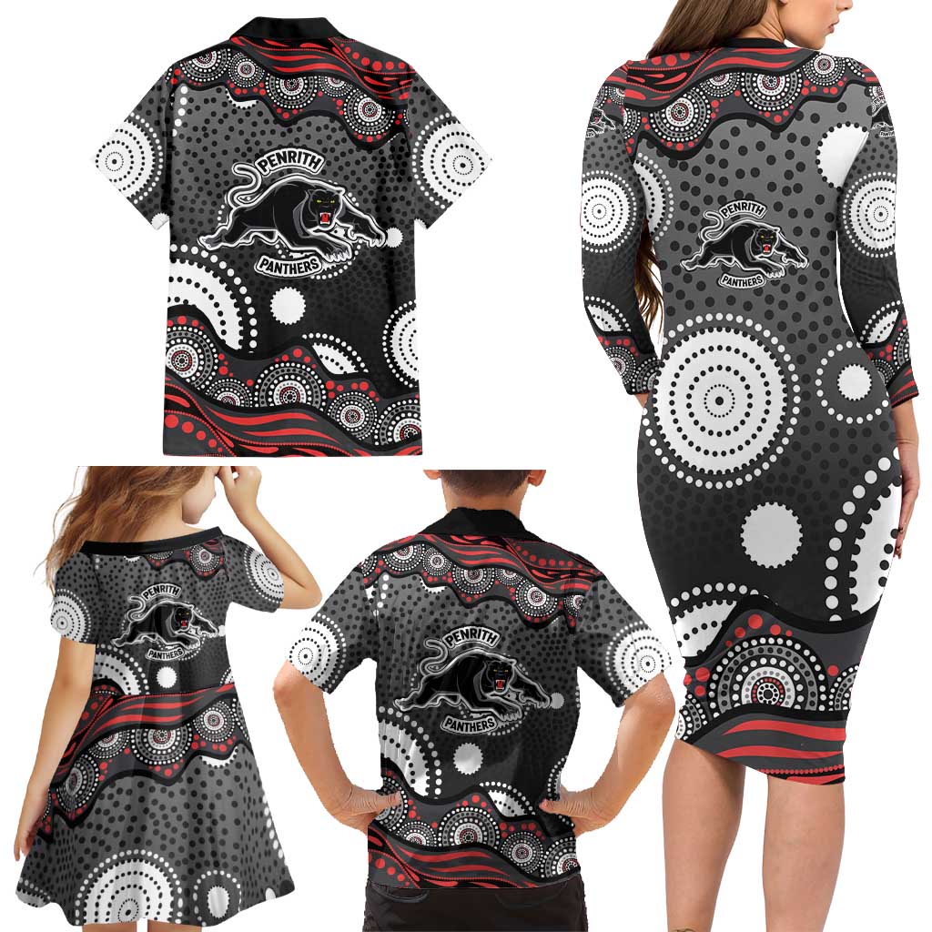Penrith Panthers Family Matching Long Sleeve Bodycon Dress and Hawaiian Shirt Aboriginal Dot Pattern - Rugby Mascot Heritage Pride