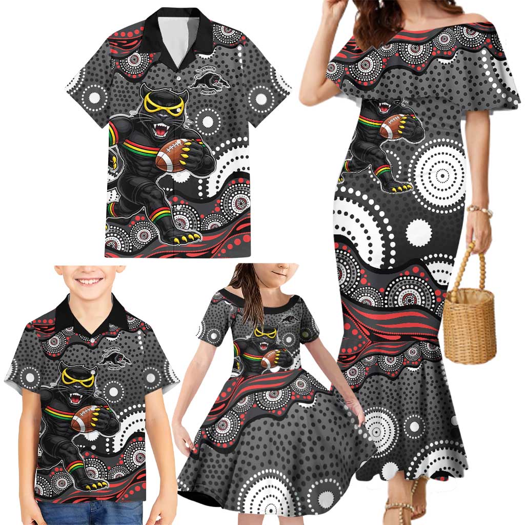 Penrith Panthers Family Matching Mermaid Dress and Hawaiian Shirt Aboriginal Dot Pattern - Rugby Mascot Heritage Pride