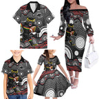 Penrith Panthers Family Matching Off The Shoulder Long Sleeve Dress and Hawaiian Shirt Aboriginal Dot Pattern - Rugby Mascot Heritage Pride