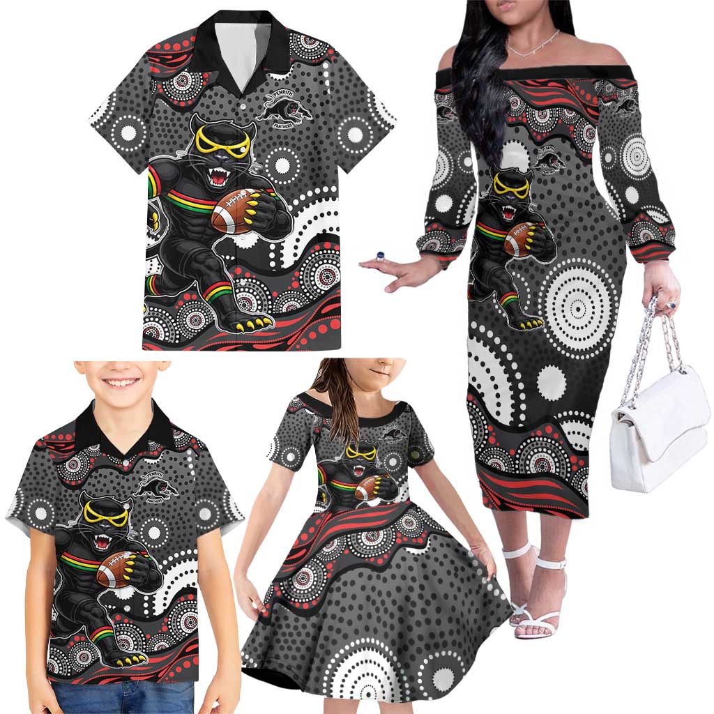 Penrith Panthers Family Matching Off The Shoulder Long Sleeve Dress and Hawaiian Shirt Aboriginal Dot Pattern - Rugby Mascot Heritage Pride